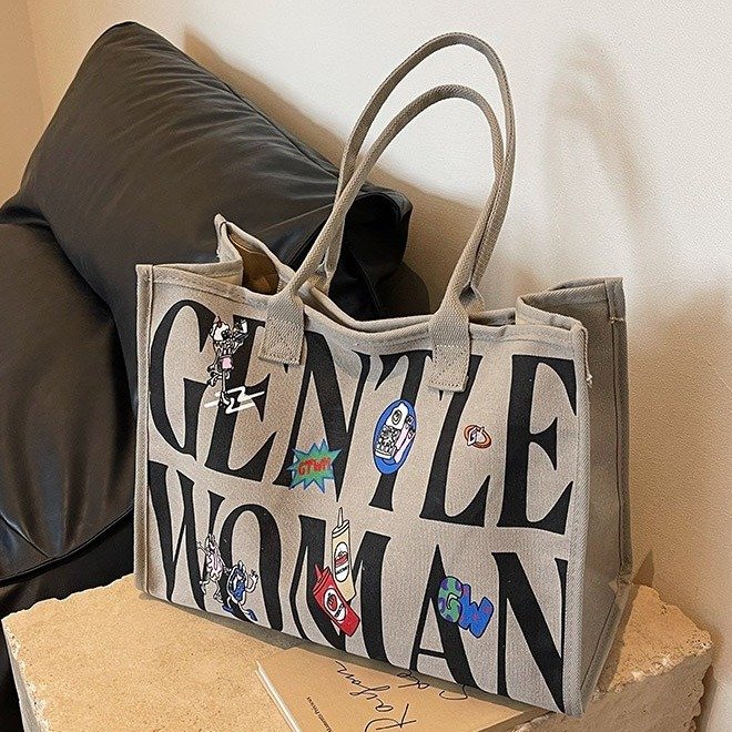 New cartoon printed canvas large-capacity tote bag girl ins portable outing commuting shopping shopping bag