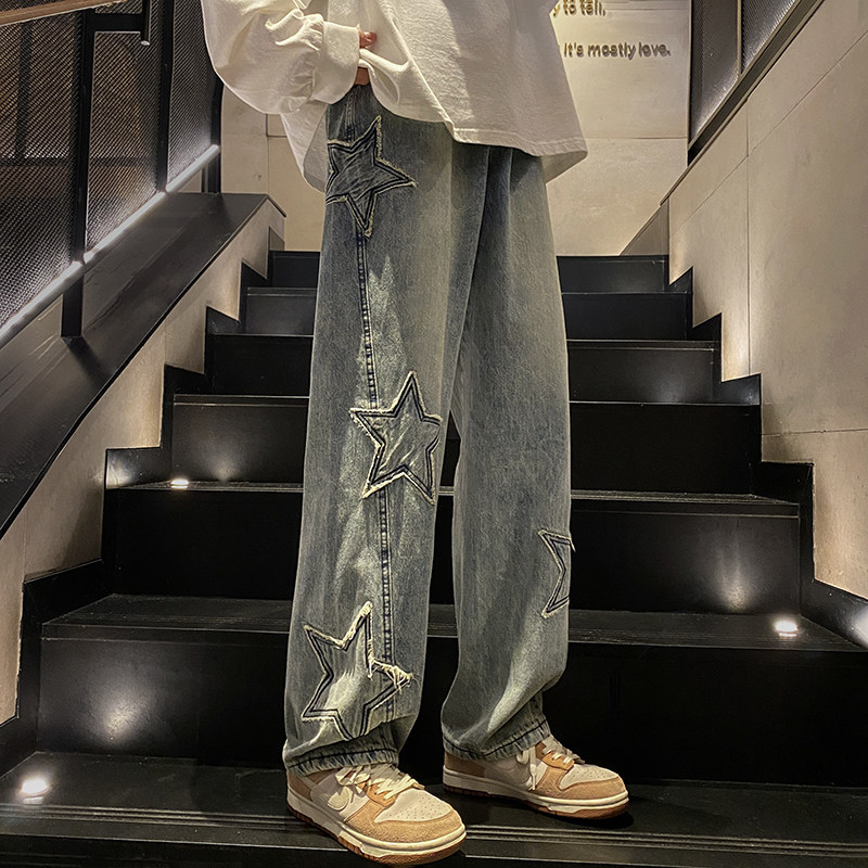 Spring new jeans straight-leg five-pointed star embroidered design pants