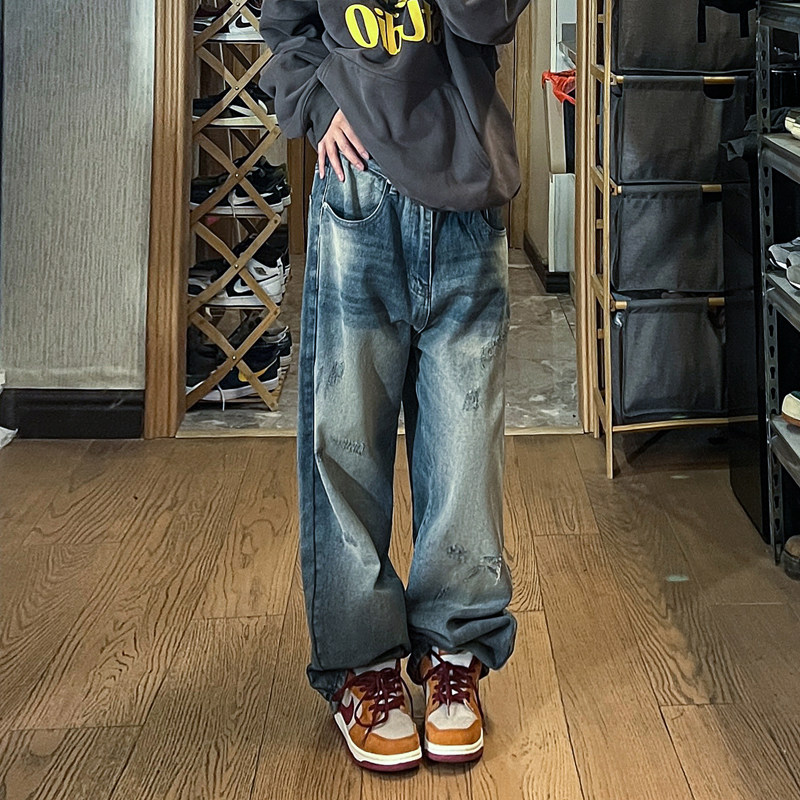 Autumn new loose floor mopping jeans men's retro trendy dad pants straight wide leg pants trousers