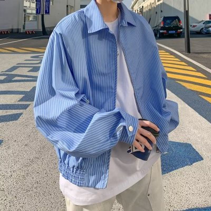 Long-sleeved new striped shirt trend ins solid color simple fashion jacket men Japanese style art