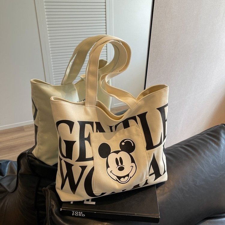 Large-capacity canvas bag for women 2024 new trendy cartoon Mickey tote bag college student class shoulder tote bag