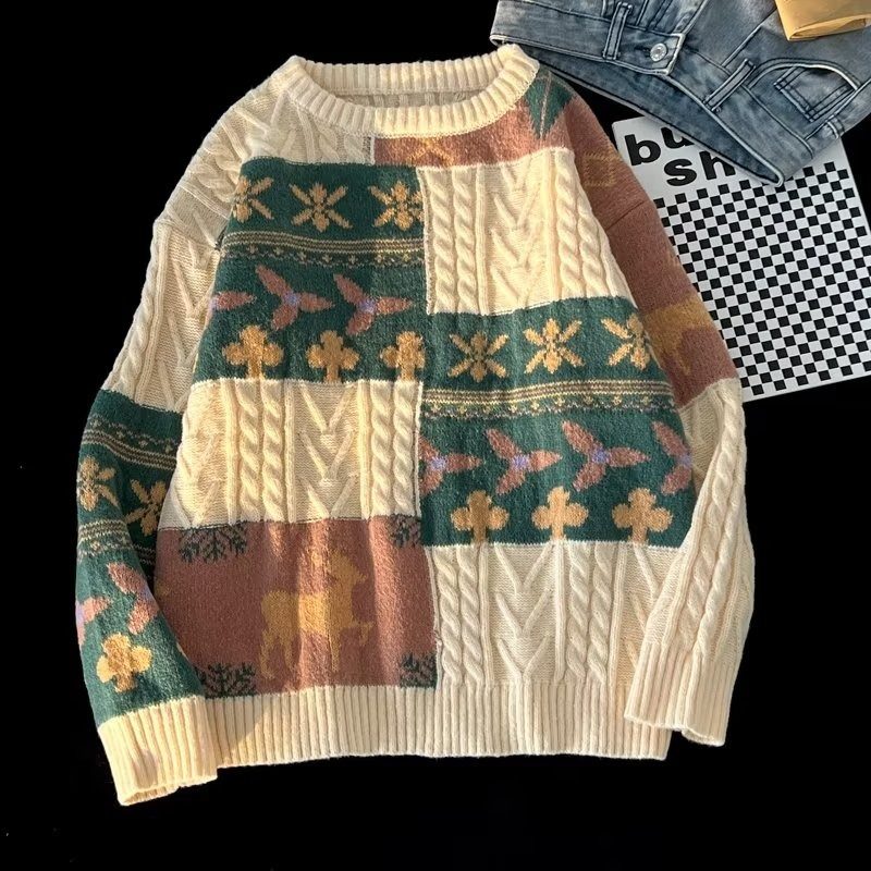 Sweater high-end men's trendy brand thickened jacket autumn and winter American Christmas retro lazy sweater-
