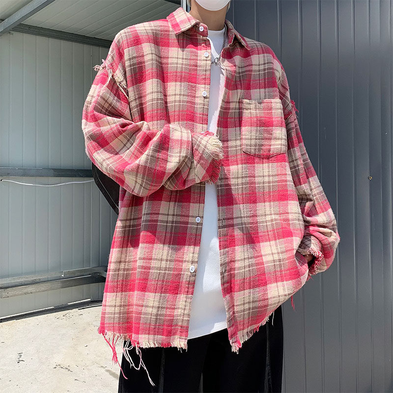Pink destroyed raw edge plaid shirt men's autumn new long-sleeved shirt retro youth high street jacket
