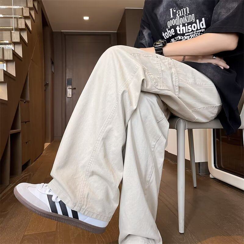 Japanese casual pure cotton extra thick slant overalls men's summer loose straight pocket style pants