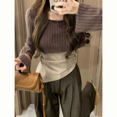 Waist-exposed short knitted outerwear with bottoming suspenders + drape slimming straight wide-leg suit pants for women