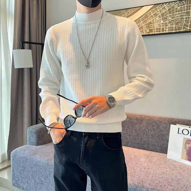 Men's round neck sweater autumn and winter slim fit soft and waxy solid color woolen clothes warm base men's knitted sweater