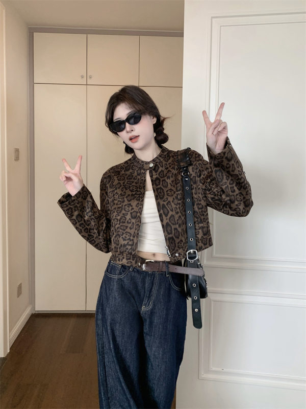 American retro leopard print long-sleeved jacket for women autumn new high street style sweet and cool short slim top