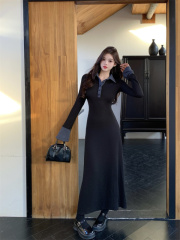Autumn and winter inner long-sleeved waist slimming and versatile contrasting color lapel knitted dress
