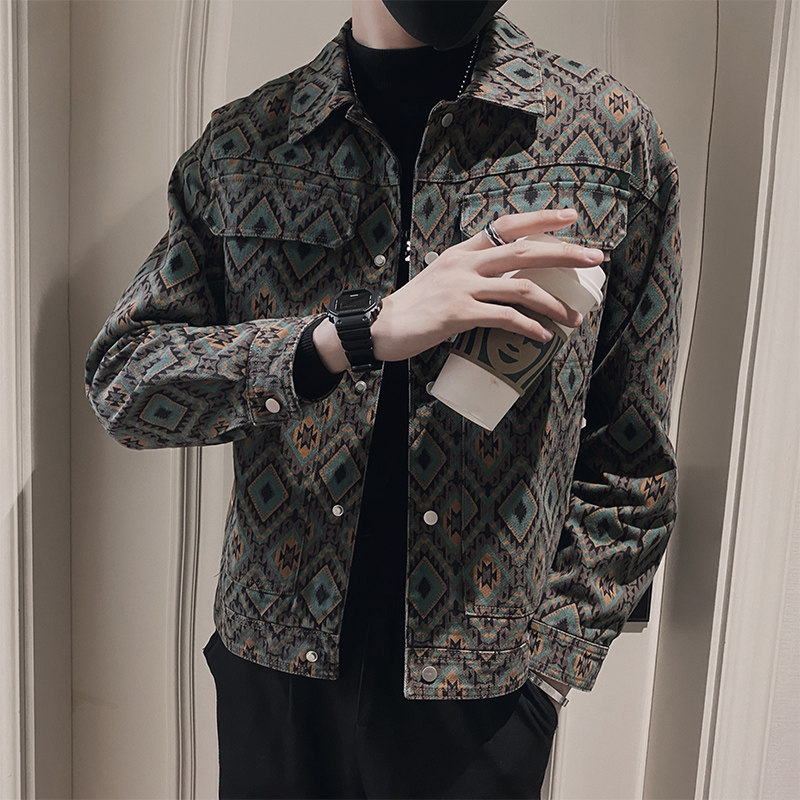 Autumn social guy's high-end sand-washed heavy-duty denim jacket jacket for men with dark head 1