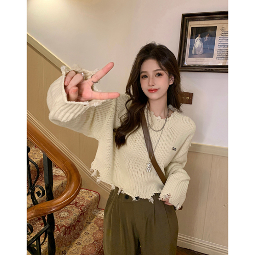 Holed short, raw edge, long-sleeved sweater for women, autumn and winter new style, niche loose outer knitted top