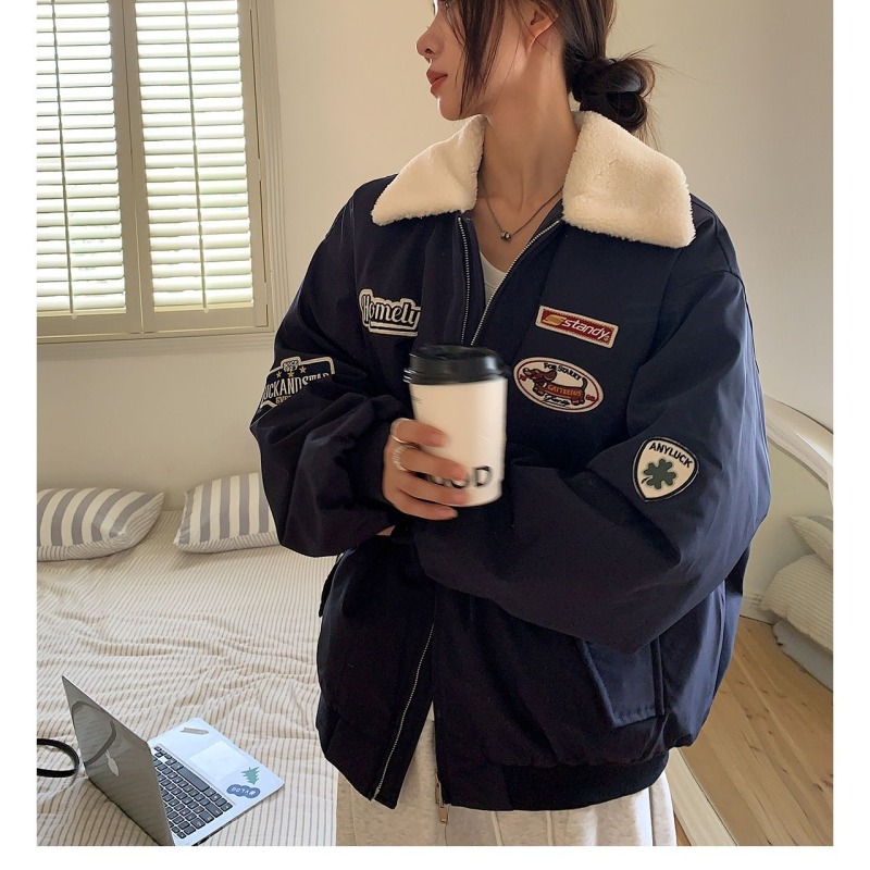 American lamb velvet coat, fur collar, cotton-padded jacket, winter cold-proof clothing, couple's baseball uniform, cotton-padded jacket