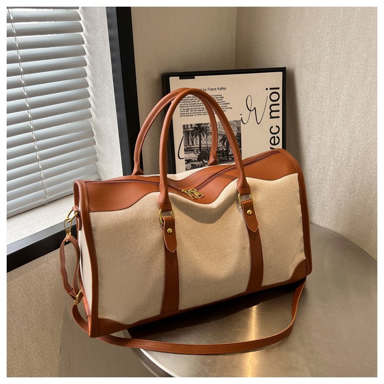 Cross-border retro women's handbag canvas travel luggage bag sports fitness short-distance large-capacity contrasting color travel bag