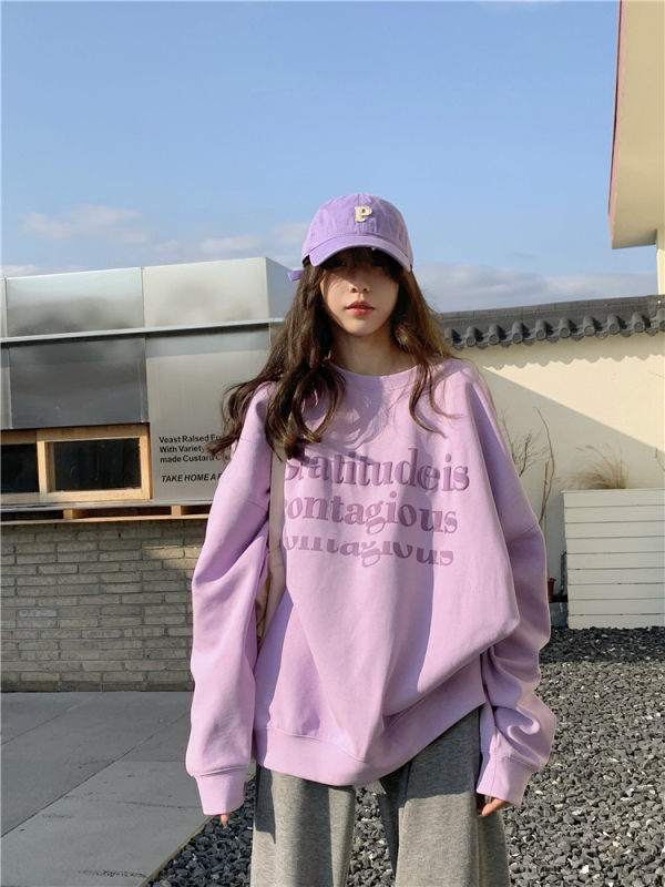 Composite velvet Korean style letter pullover sweatshirt for women loose versatile round neck top bottoming ins trend