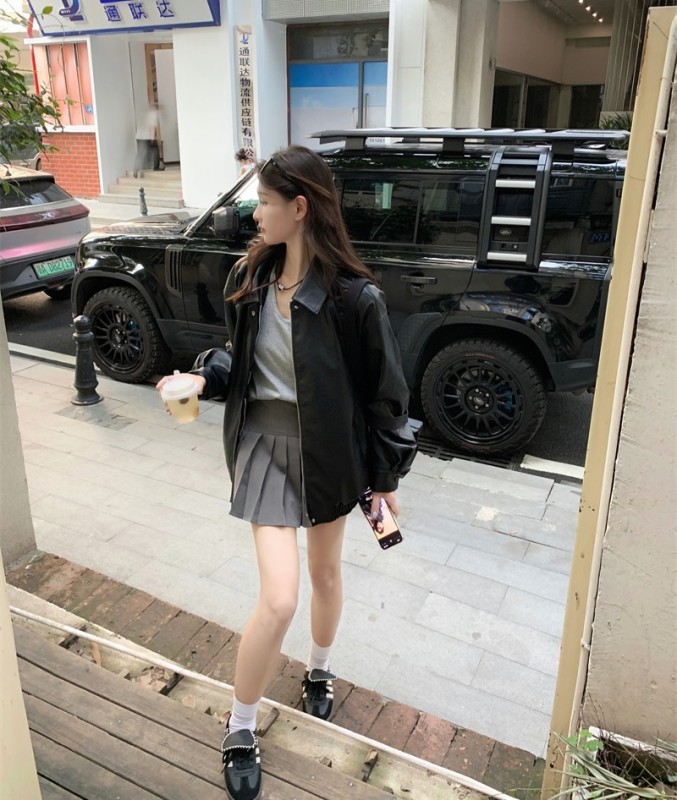 High-end retro sweet and cool style loose and versatile casual PU leather motorcycle jacket leather and cotton jacket