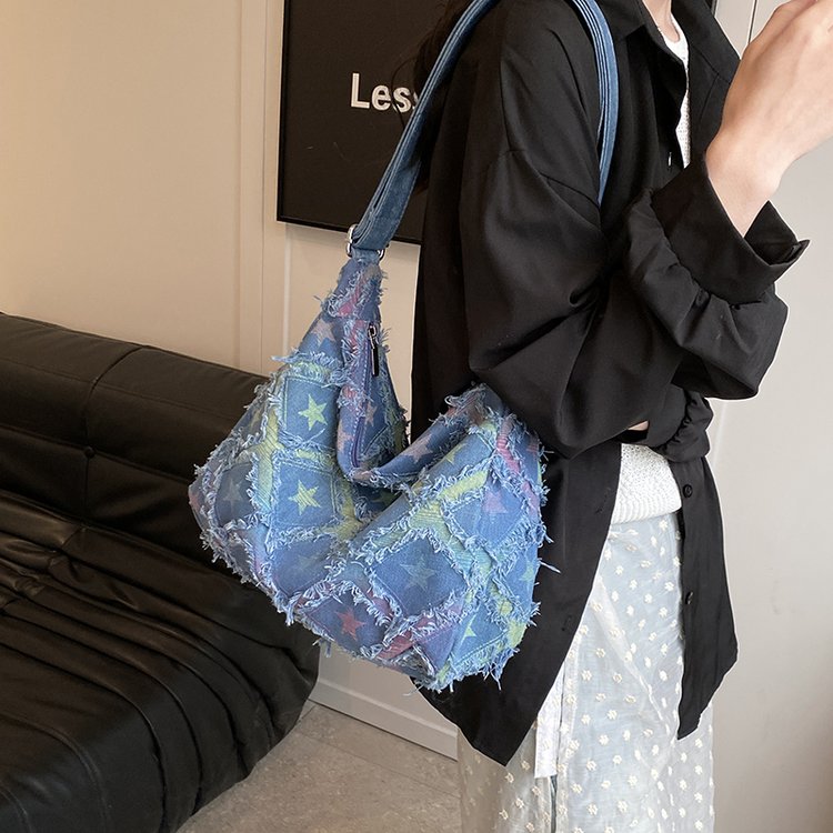 2024 new casual fashion large-capacity canvas bag plaid armpit bag denim bag Mori Meng single shoulder crossbody bag
