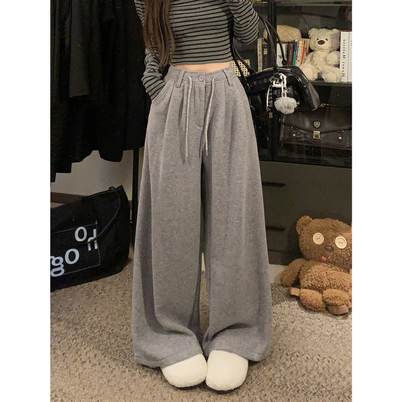 2024 Casual Pants Cashmere Plus Velvet Drawstring Slim Straight Leg Loose Wide Leg Zipper Pants Women
