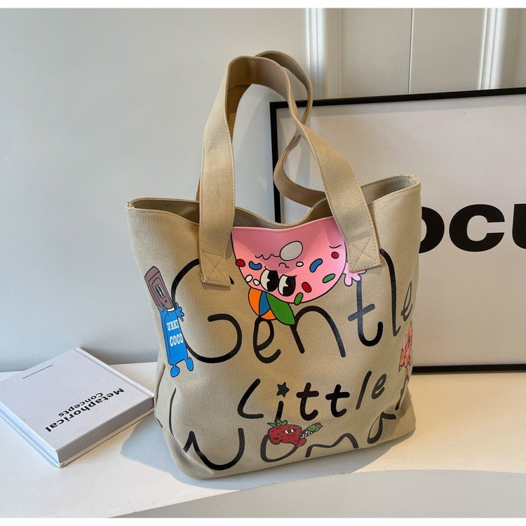 Gentle Woman Cartoon Painted Print Cute Small Fresh Canvas Bag 2024 New Portable Shoulder Bag
