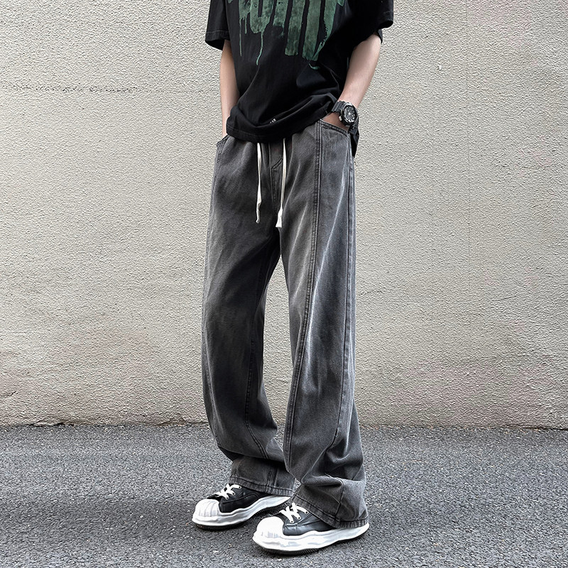 High street jeans men's Korean style trendy elastic waist distressed autumn and winter ins loose trousers