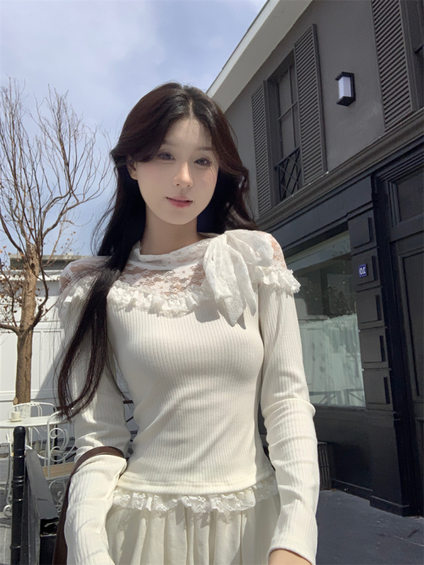 New sweet and spicy lace fungus patchwork knitted long-sleeved hollow bottoming single top