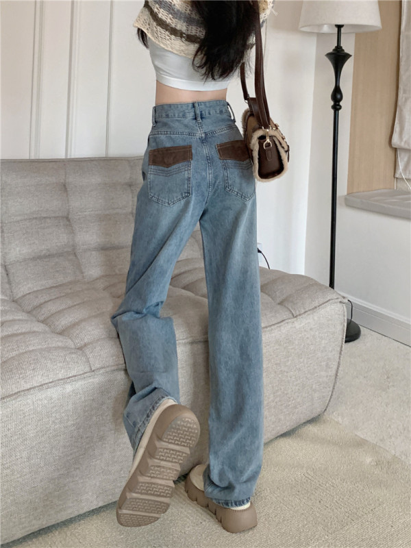 Korean style leather back pocket design revisits classic denim loose wide-leg denim straight pants