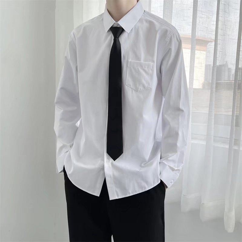 White long-sleeved shirt men's trendy brand street fashion solid color inch shirt couple wear dk uniform with tie