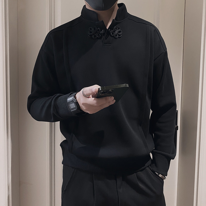 Autumn social young man's national style new Chinese style plate button stand collar sweatshirt men's black