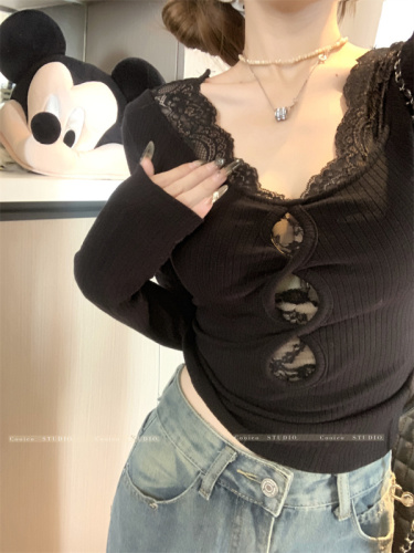 Hot girl's pure desire inner wear lace stitching hollow long-sleeved T-shirt feminine slim crop top
