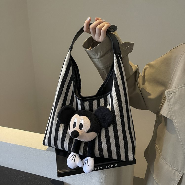 Cartoon Mickey Doll Doll Bag Women's 2024 New Fashion Striped Canvas Bag Large Capacity Shoulder Tote Bag