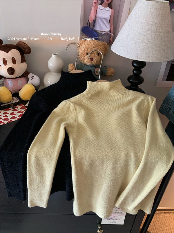 Simple half turtleneck long-sleeved sweater for women early autumn solid color basic slim fit top