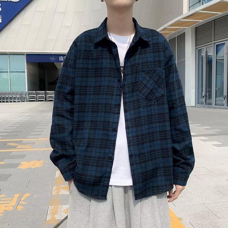 Plaid long-sleeved shirt men's lazy style trendy handsome large size loose ins student shirt jacket