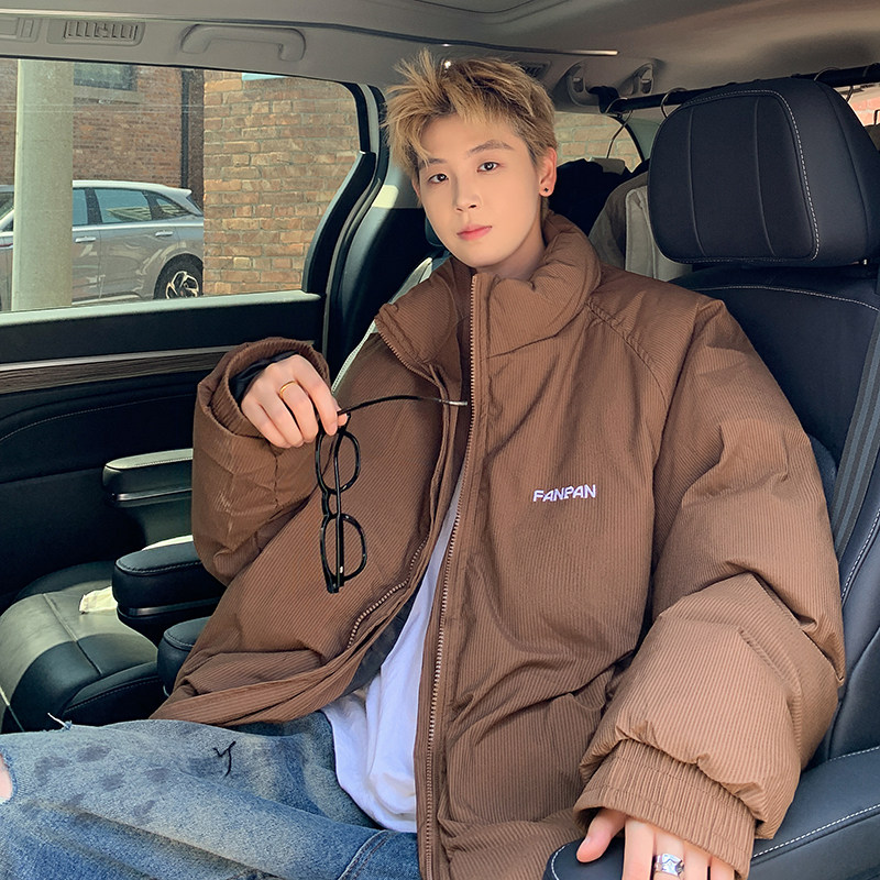Men's loose cotton coat with stand-up collar, striped embroidered cotton coat, thickened cotton jacket and bread coat