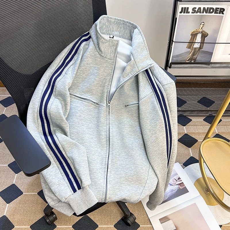 American heavy gray three-stripe sweatshirt for boys spring and autumn sports style stand-up collar jacket high-end cardigan jacket