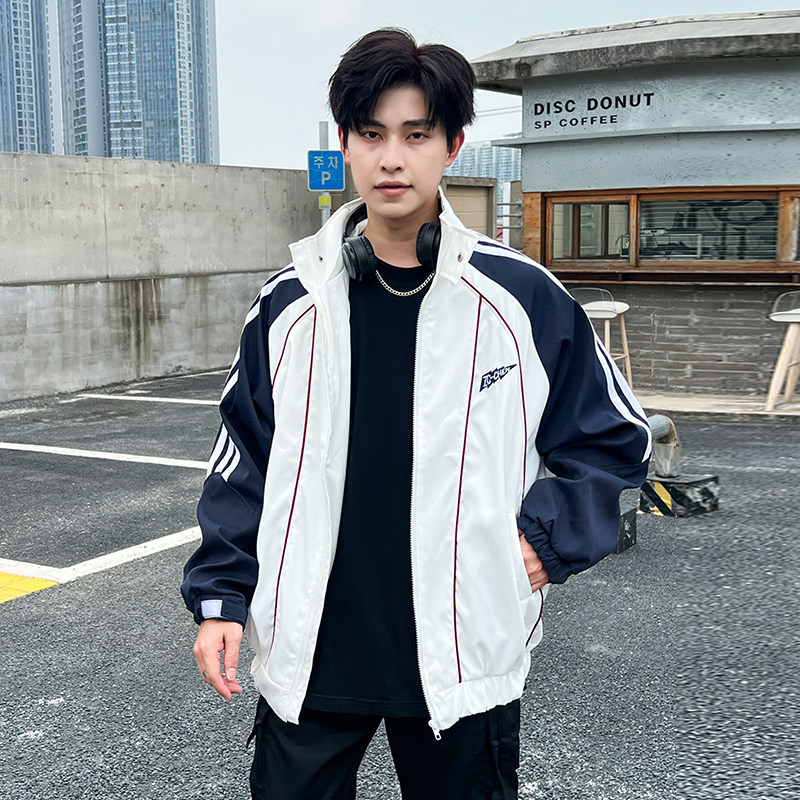Contrast color striped jacket men's spring and autumn trendy brand loose stand-up collar American retro couple jacket