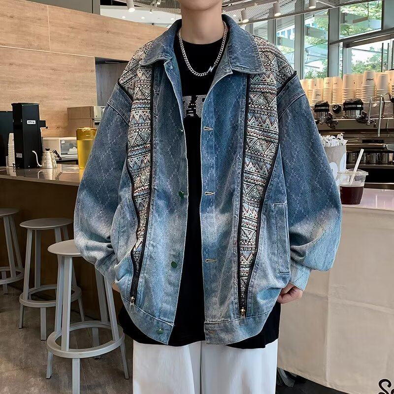High street brand ethnic style patchwork denim jacket men's trendy jacket