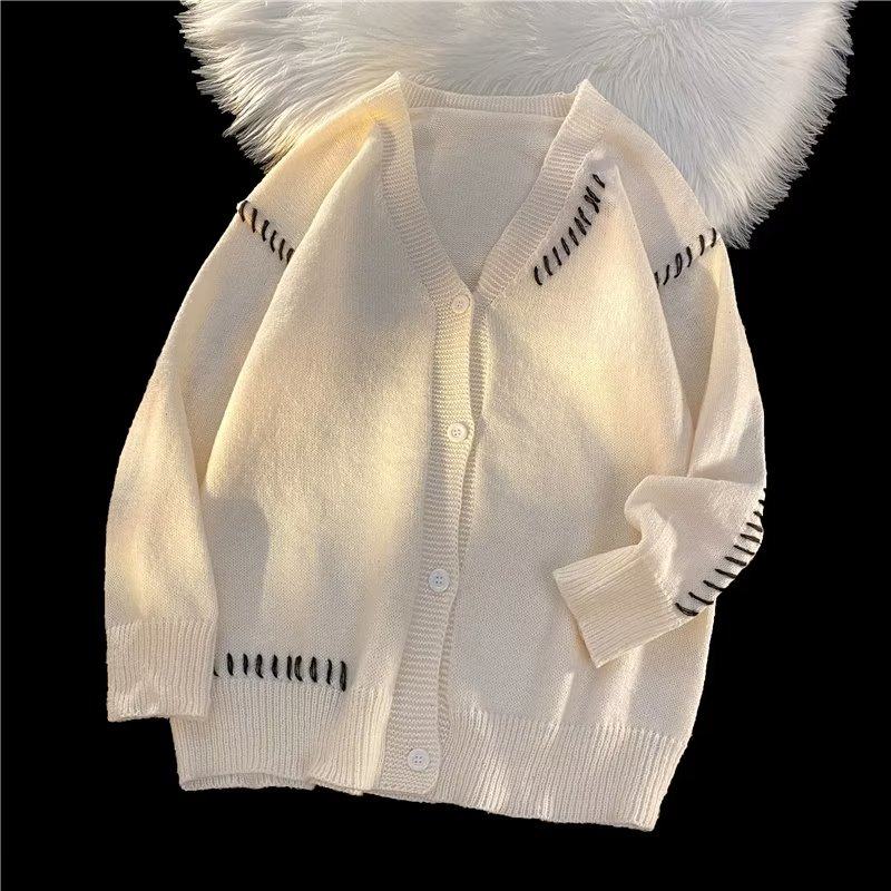 Lazy style sweater jacket design niche hand-tied V-neck knitted cardigan men's college style