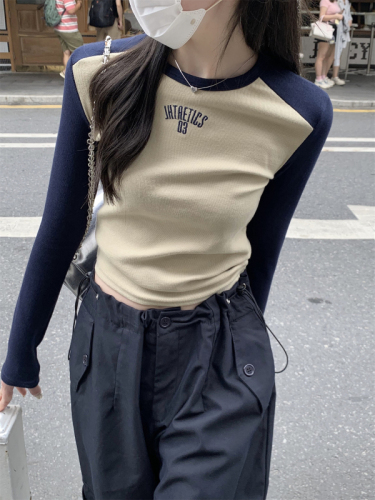 Autumn and winter Korean style contrasting color slim-fit pullover letter embroidery design long-sleeved inner T-shirt women's top