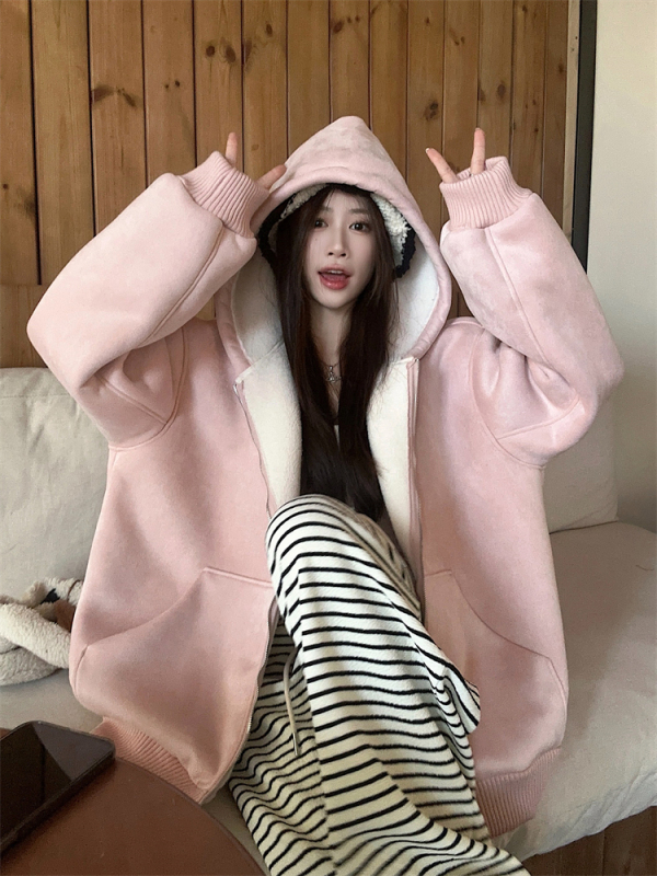 Fur one-piece hooded sweatshirt women's autumn and winter loose girly warm jacket
