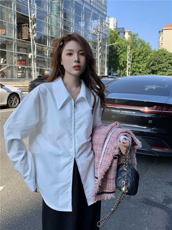 Solid color shirt with zipper design + autumn and winter pink high-end tassel small fragrance jacket
