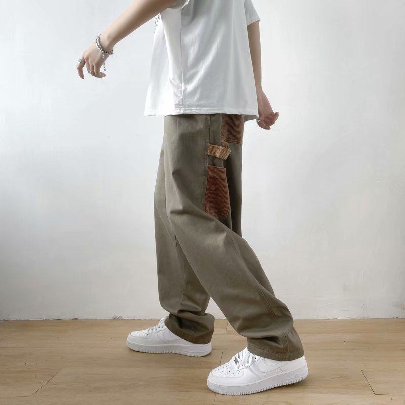 Trendy brand splicing casual trousers men's new Japanese style unisex loose versatile color-blocked straight overalls
