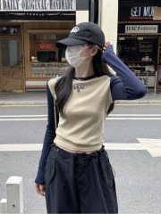 Autumn and winter Korean style contrasting color slim-fit pullover letter embroidery design long-sleeved inner T-shirt women's top