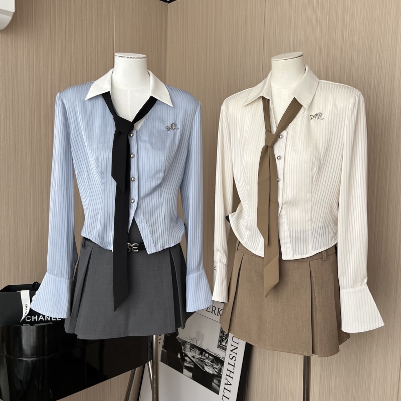 Waist Slim Long Sleeve Striped Shirt Women's Autumn New Korean Atmosphere Design Top