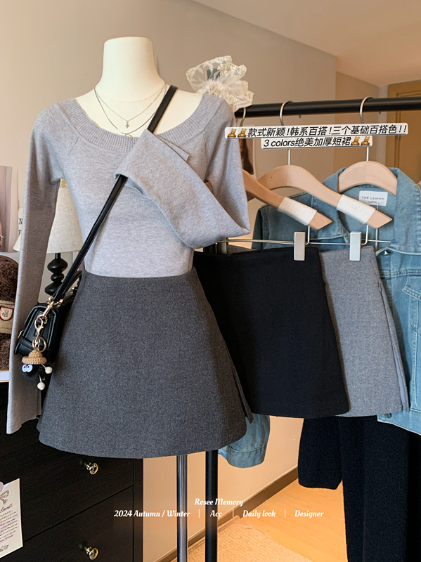 Sports culottes for women in autumn and winter hot style woolen shorts high waist side slit black hip-hugging skirt