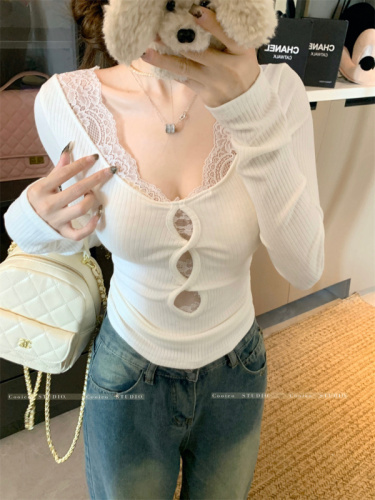 Hot girl's pure desire inner wear lace stitching hollow long-sleeved T-shirt feminine slim crop top