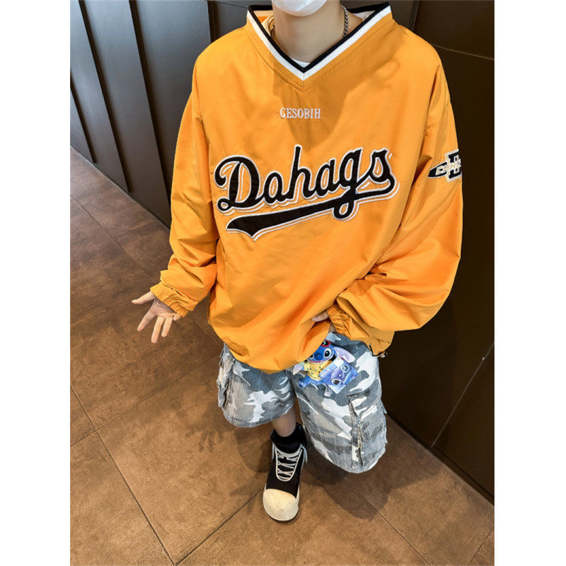 Spring and autumn high street loose sports long-sleeved embroidered v-neck sweatshirt