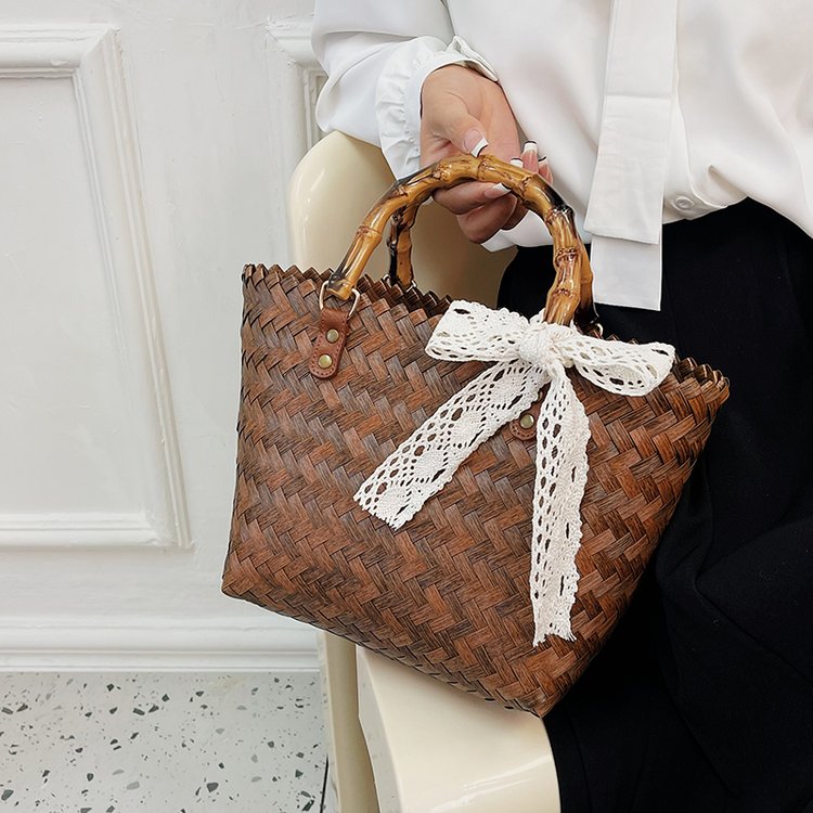 Factory wholesale imitation rattan Internet celebrity straw bag women's handwoven women's bag retro imitation bamboo handle handbag