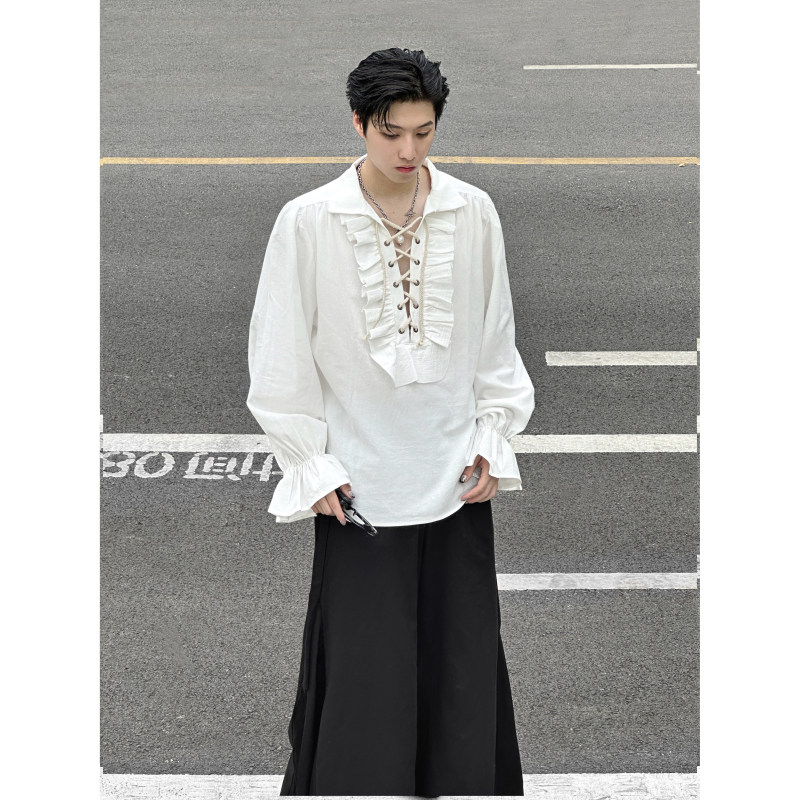 Cuffs Neck Ruffle Drawstring Long Sleeve Shirt Sexy Palace Shirt
