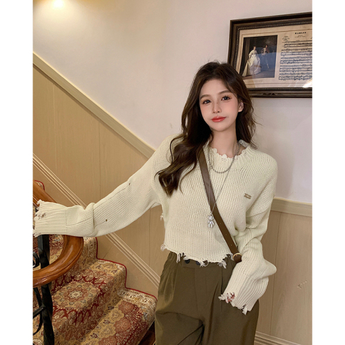 Holed short, raw edge, long-sleeved sweater for women, autumn and winter new style, niche loose outer knitted top