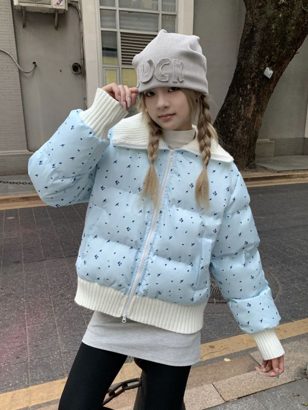 Stitched floral lapel winter cotton coat for women 2024 new style personalized fashion lazy style versatile cotton coat