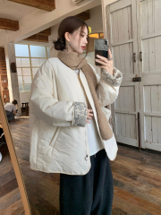 High-end retro round-neck cotton jacket for women in autumn and winter, lazy and relaxed casual cotton jacket