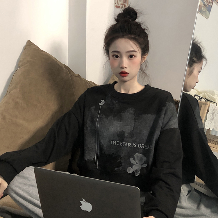 Dark mourning moon bear print short sweatshirt autumn